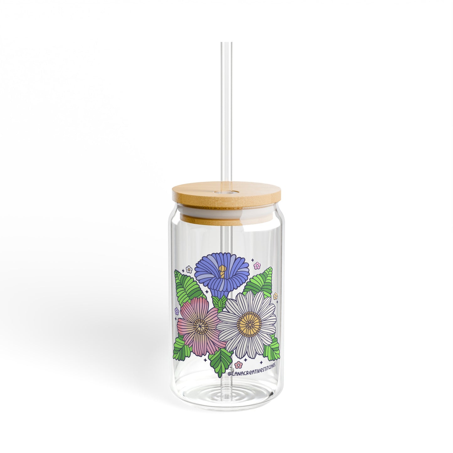 Sipper Glass, 16oz, cristalería, flor de hilo, merchandising de ganchillo