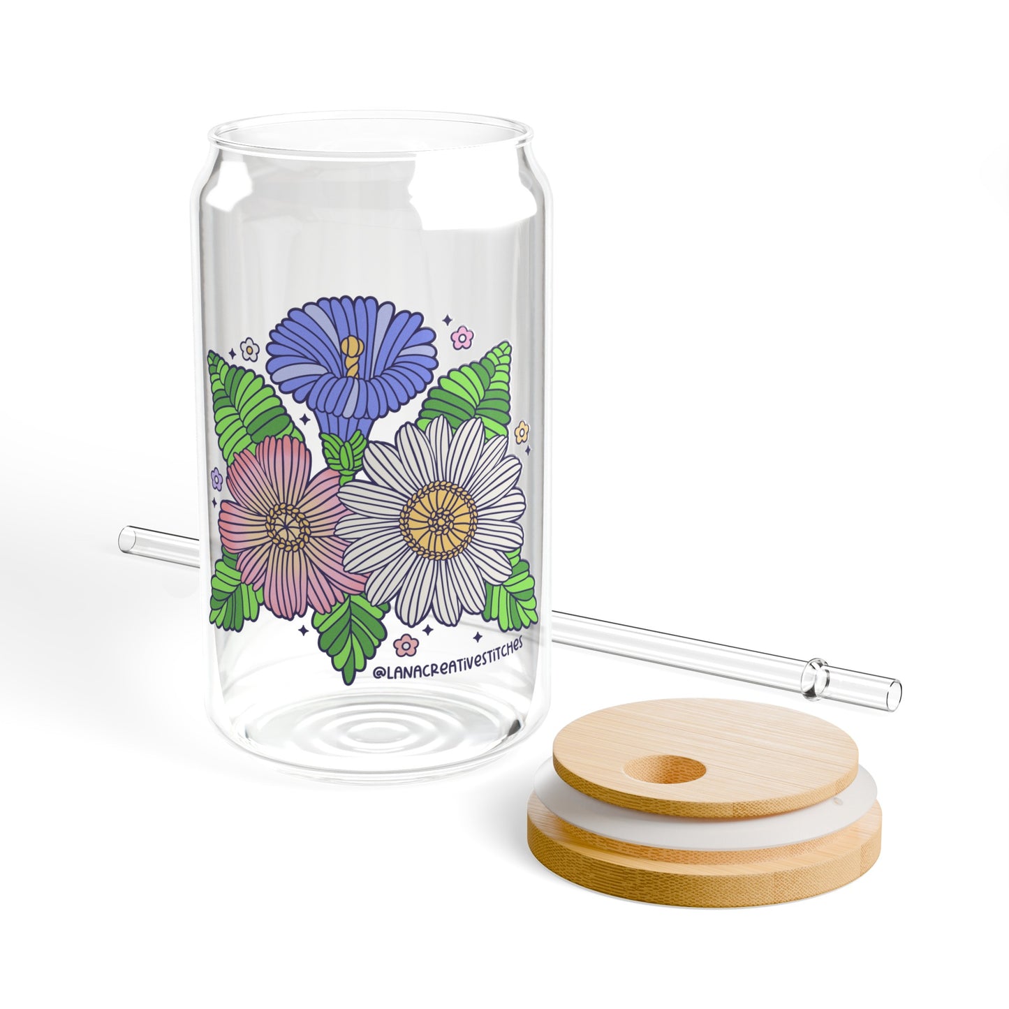 Sipper Glass, 16oz, cristalería, flor de hilo, merchandising de ganchillo