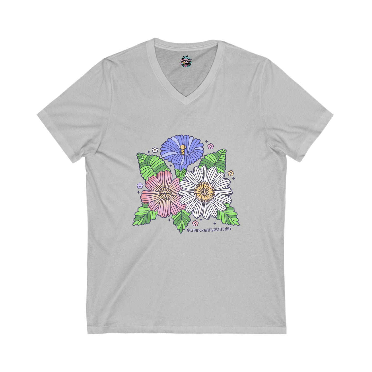 Camiseta unisex Jersey de manga corta con cuello en V, flor de hilo, camiseta de algodón, merchandising de ganchillo