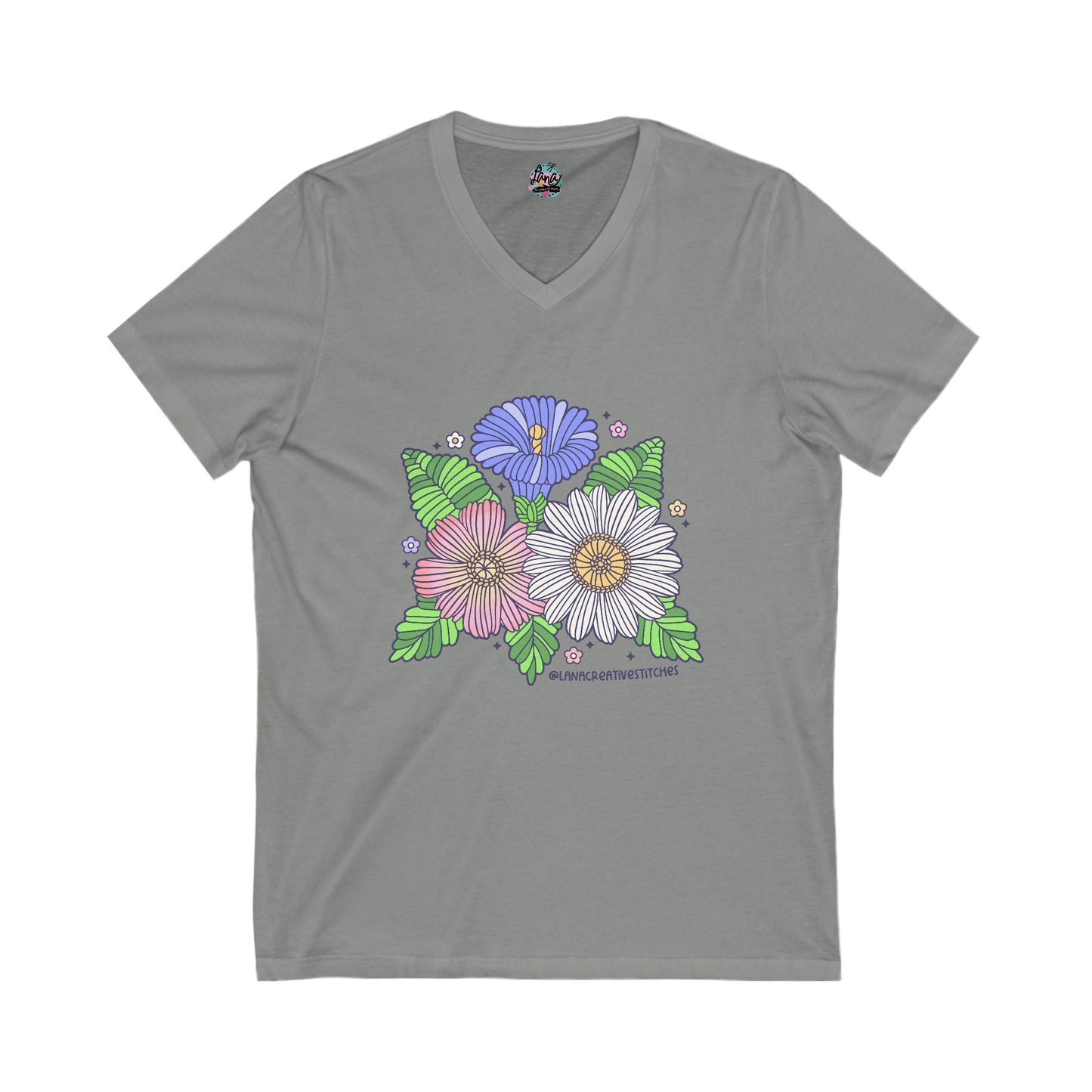 Camiseta unisex Jersey de manga corta con cuello en V, flor de hilo, camiseta de algodón, merchandising de ganchillo