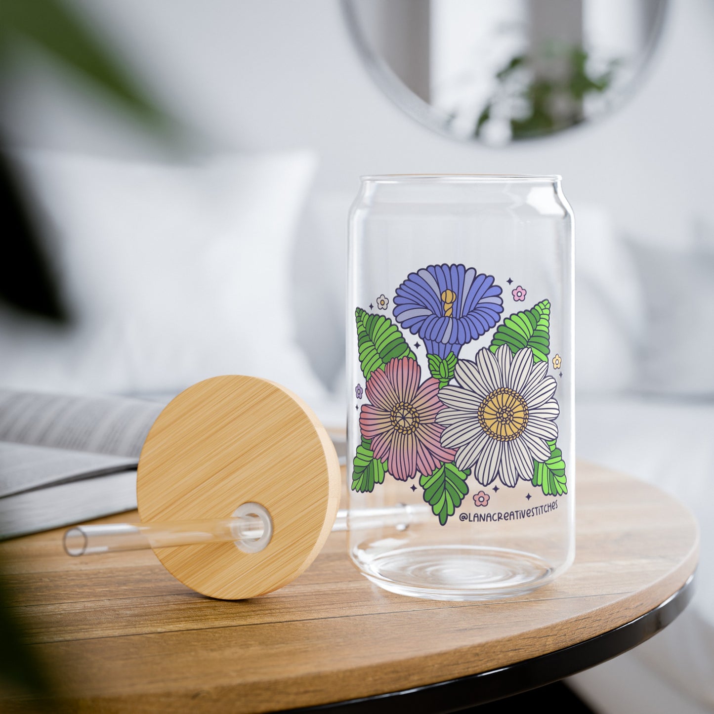 Sipper Glass, 16oz, cristalería, flor de hilo, merchandising de ganchillo