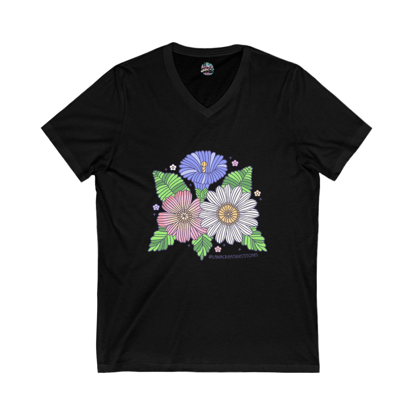 Camiseta unisex Jersey de manga corta con cuello en V, flor de hilo, camiseta de algodón, merchandising de ganchillo