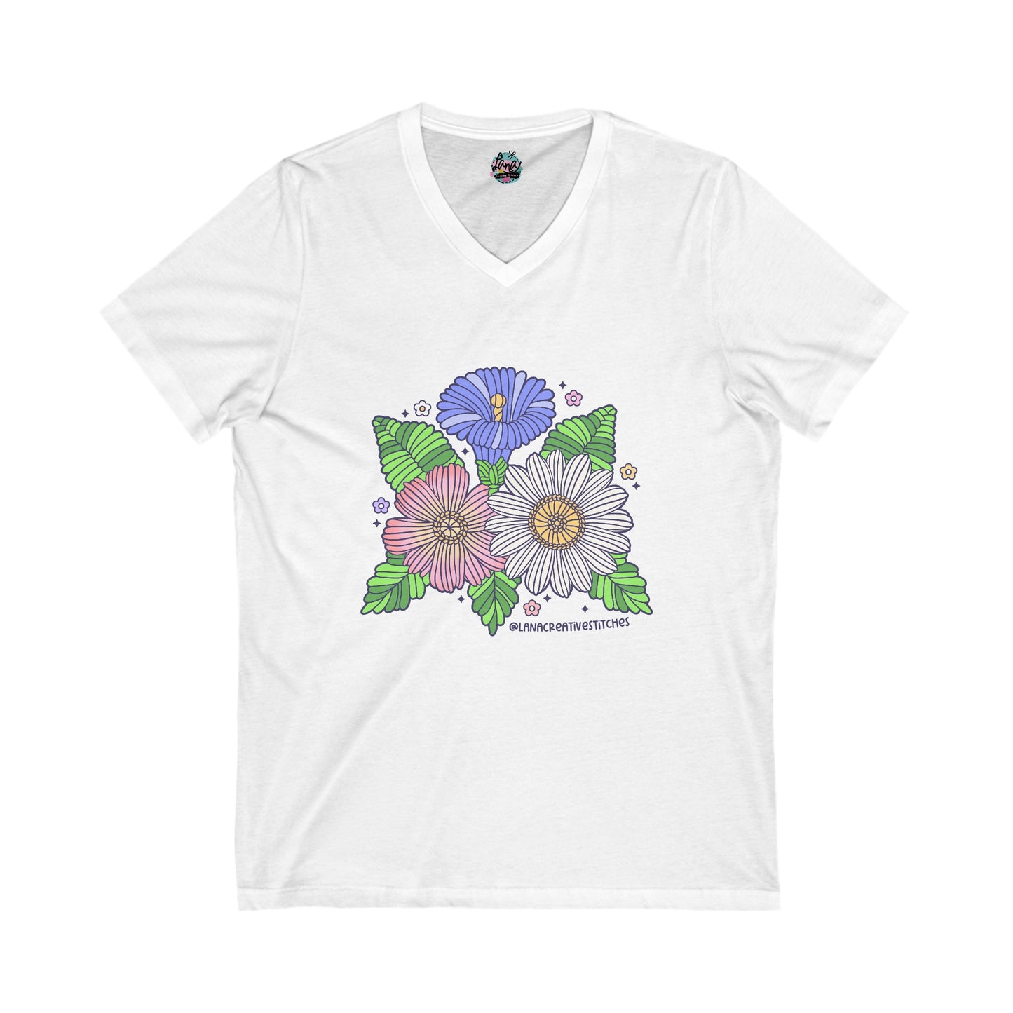 Camiseta unisex Jersey de manga corta con cuello en V, flor de hilo, camiseta de algodón, merchandising de ganchillo